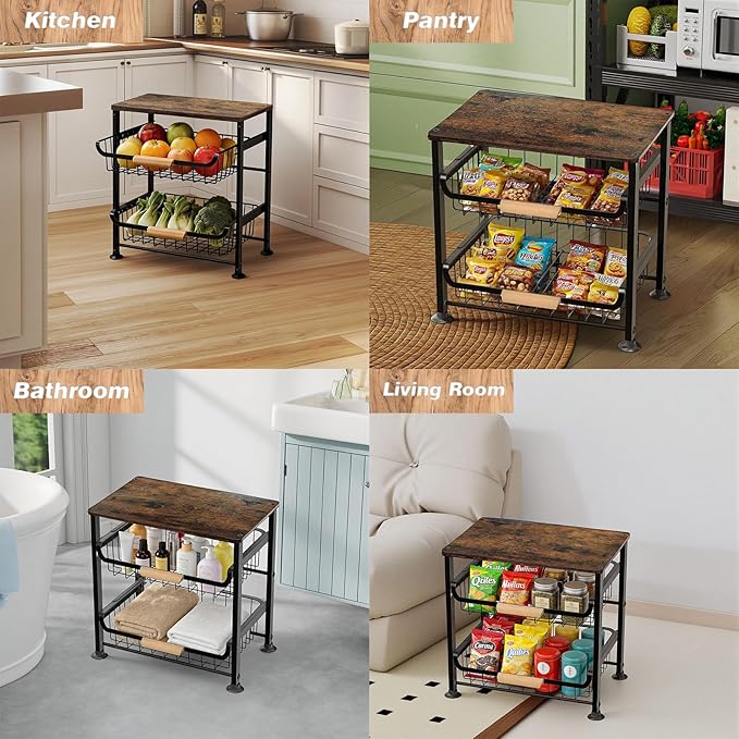 3-Layer Fruit Basket Kitchen Food Organizer and Rack Rolling Pantry Kitchen Cart On Wheels with Wood Top Table,Pull-Out Hollow Metal Basket for Sorting Spice Snacks Vegetables,Black