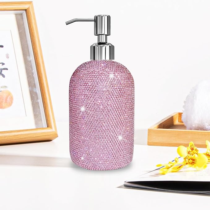 SlowVibes 18Oz Bling Pink Glass Soap Dispenser with Rust Proof Stainless Steel Pump,Refillable Liquid Hand Wash Bottle for Bathroom Kitchen,Sparkle Decorative Rhinestone Shower Lotion Dish Dispenser
