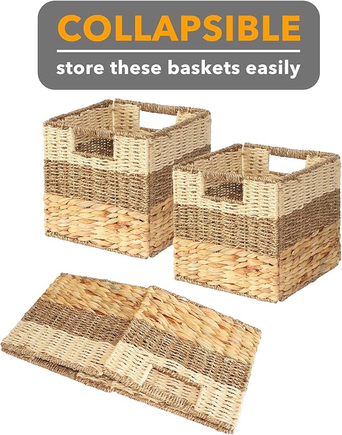 SpaceAid 4 Pack 3 Pattern Design Wicker Basket, Baskets for Organizing, Storage Rattan Basket with Handles for Shelves, Woven Cube Storage Bin Organizer, 10.5x10.5x10.5 inch, Natural