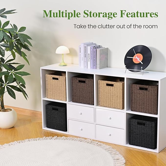 Woven Wicker Storage Baskets 4-Pack, 11x11 Handwoven Paper Rope Organizer Bins, Foldable Cube Storage Cubes with Built-in Handles for Shelves and Closet Organization(Dark Brown)