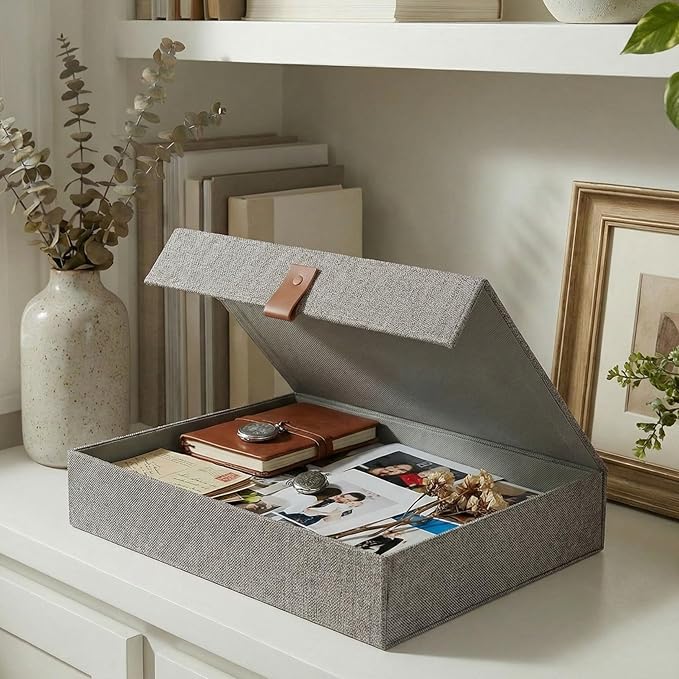 ZICOTO Decorative Photo Storage Box with Lid - A Beautiful Linen Organizer Perfect to Safely Store Your Pictures, Documents, Scrapbooking Supplies, Keepsakes and Other Memories in Style