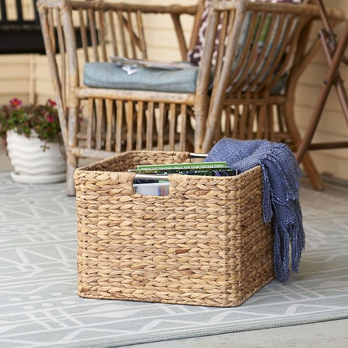 Household Essentials Woven Wicker Open Storage Basket with Stainless Steel Handle, Brown