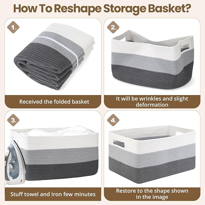 95L Large Blanket Basket, Woven Storage Baskets with Reinforced Handles, Rope Laundry Basket for Living Room, Bedroom, Nursery, Toys, Clothes, Pillows, 24â x 17â x 13.5â, White & Grey