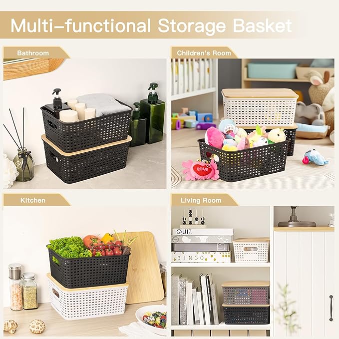 Criusia 6 Pack Plastic Storage Baskets With Bamboo Lid, Stackable Storage Baskets for Organizing Desktop Closet Shelves Drawers Pantry Organization Office Playroom Classroom (Black)