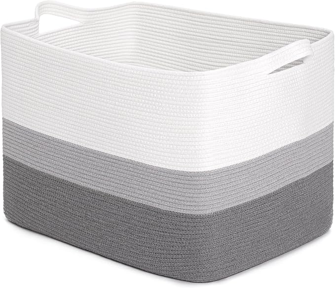 CLHMILY&Z Stylish Square Cotton Rope Storage Basket (Grey & White, 110L)