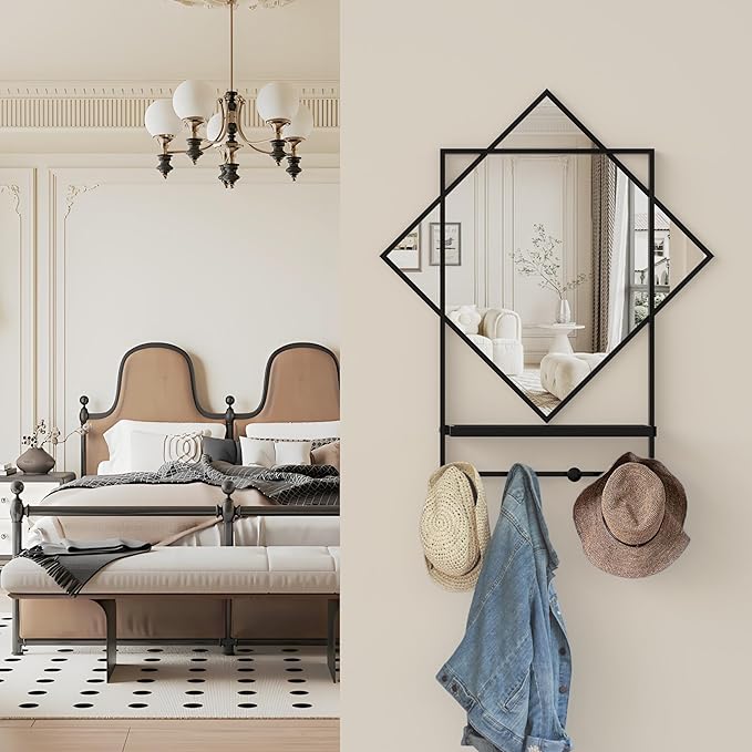 WONSTART Black Entryway Mirror with Hooks, 26" X 30" Wall Mirror with Hooks, Bathroom Mirror with Shelf, Rectangular Framed Wall Mirror with Shelf and Hooks