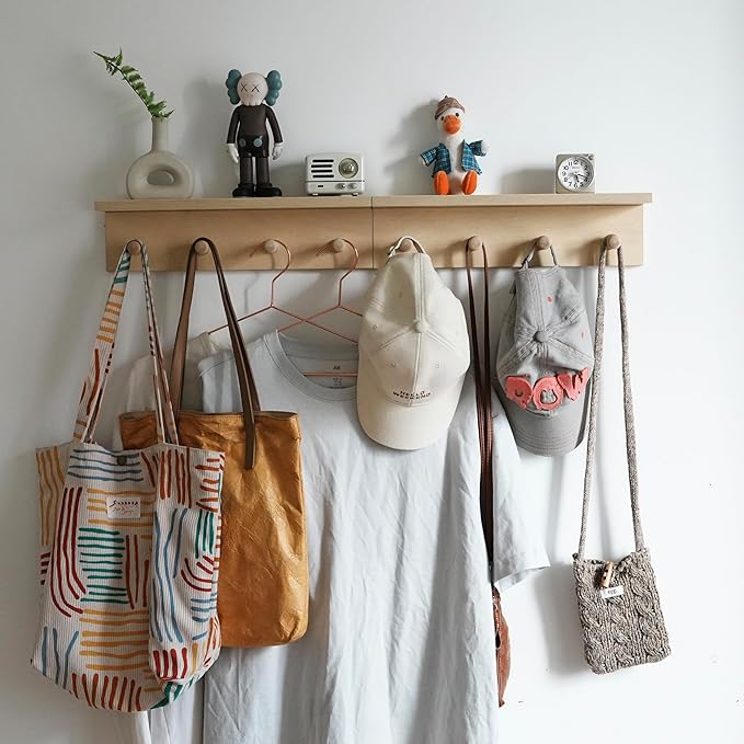 Entrance Coat Rack ,Coat Hooks, Wall-Mounted Wooden Hook Rack, Wall-Mounted Shelves are Very Suitable (Birch Colored Finish)