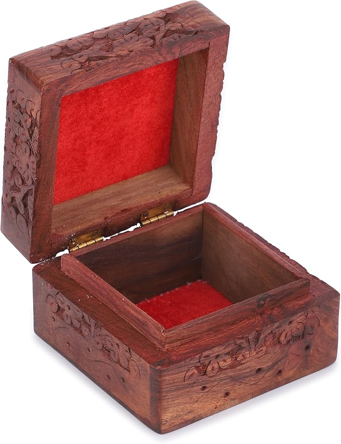 Ajuny Wooden Hand Carved Decorative Keepsake Box Jewelry Armoire Treasure Chest Trinket Holder Storage Travel Organiser Perfect Unique Gifts Ideas for Men and Women