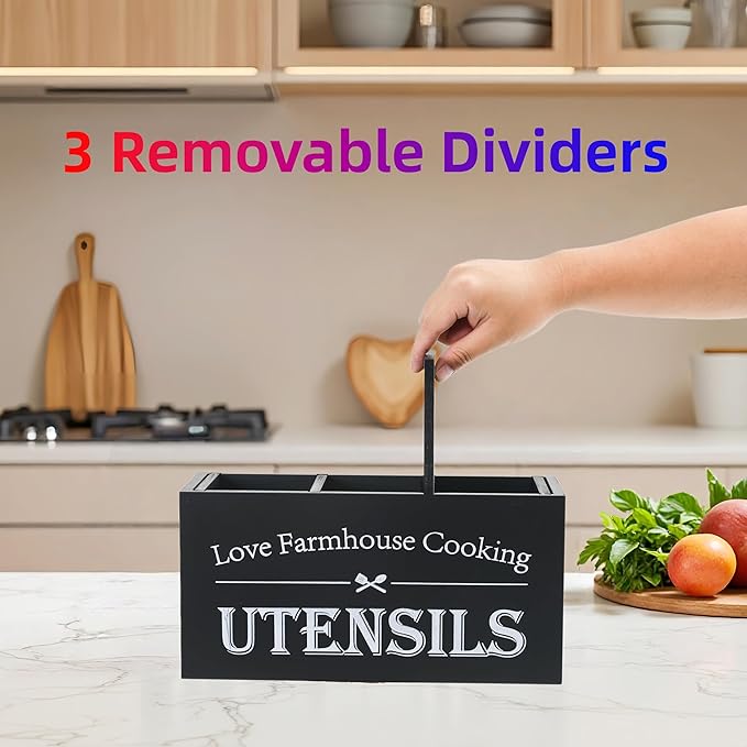 Utensil Holder, Kitchen Utensil Holder For Kitchen Counter,Large Cooking Spatula Organizer,Farmhouse Wooden Big Storage With 3 Compartments Rustic Flatware Spoon Tool Organizer (Black)