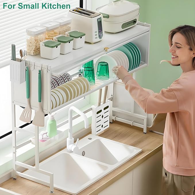 ASIEIT Dish Drying Rack, 3-Tier Over Sink Dish Drying Rack, 33.5" Sink Dish Rack for Small Kitchen, Space-Saving Sink Dish Rack with Cover, Baskets, Utensil, Large Kitchen Storage Organizer White