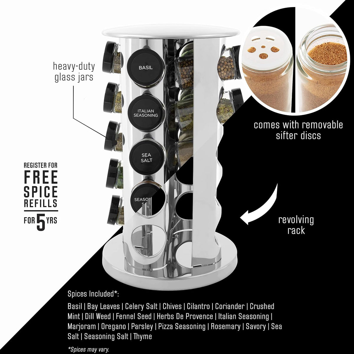 Kamenstein 20 Jar Revolving Countertop Spice Rack with Spices Included, FREE Spice Refills for 5 Years, Polished Stainless Steel with Black Caps, 30020