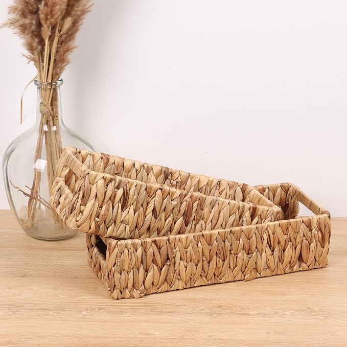 Wicker Storage Baskets with Handle Water Hyacinth Basket for Organizing Decorative Storage Bins for Countertop Toilet Tank Boho Rectangular Home Organizer (Natural, 14.5" x 5.5" x 4.1")