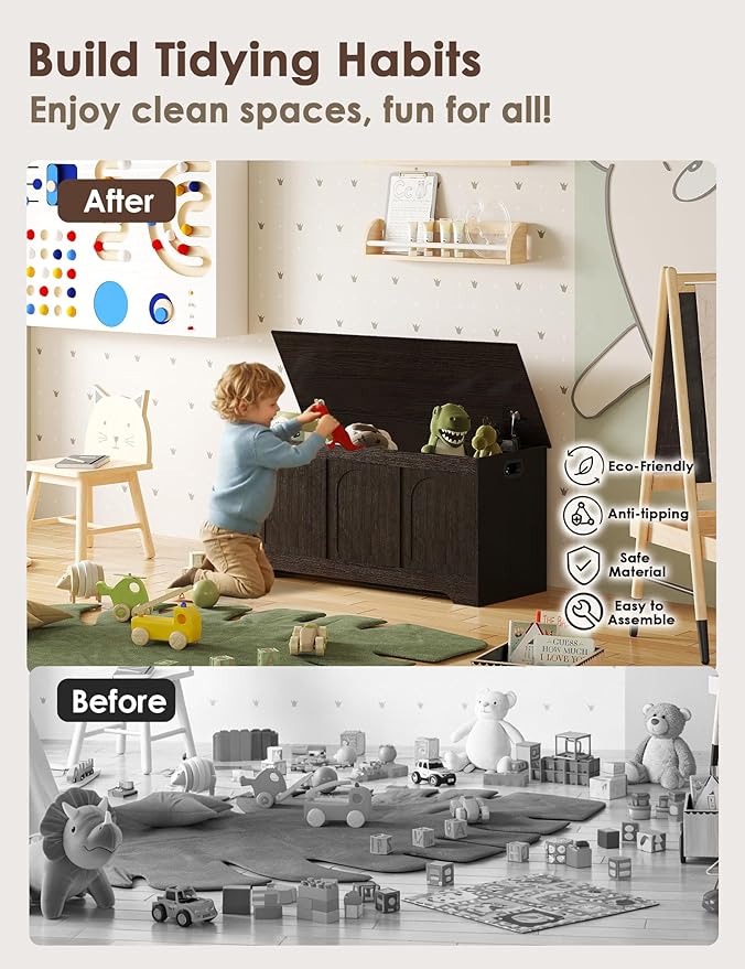 DINZI LVJ Storage Chest, 39.4â Wooden Toy Box with 2 Safety Hinges, Entryway Shoe Bench with Flip-Top, Sturdy Large Storage Trunk for Living Room, Bedroom, Playroom, Easy Assembly, Espresso