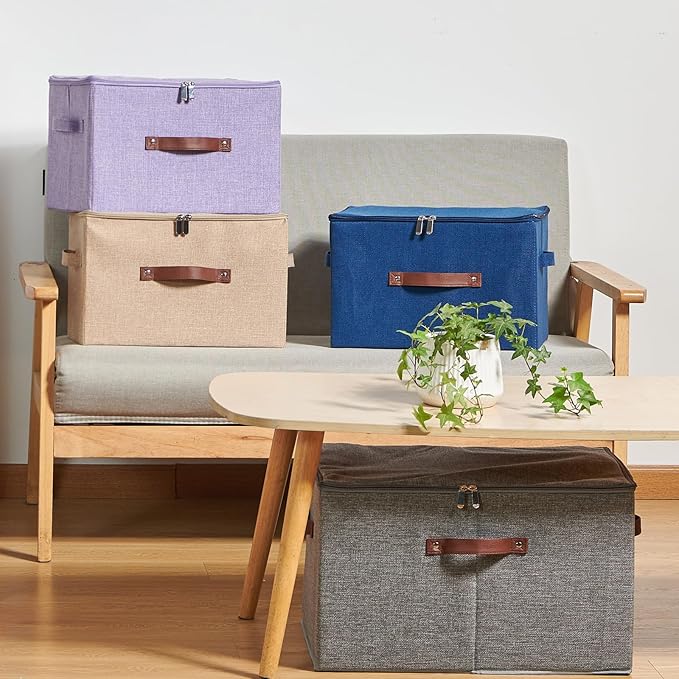 Storage Bins with Zipper Lid Cotton Linen Fabric Lidded Storage Baskets Boxes Foldable Washable Closet Shelf Clothes Organizer Container with PU Leather Handles (Deep Blue, Large)