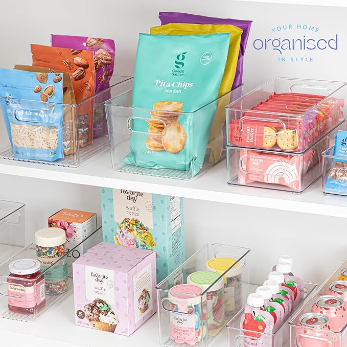 primebox Clear Plastic Organizing Container with Integraged Handles for Home Organization for Kitchen, Pantry, Fridge, Freezer, Cabinet,Bathroom, Stackable. 10"x6"x3"