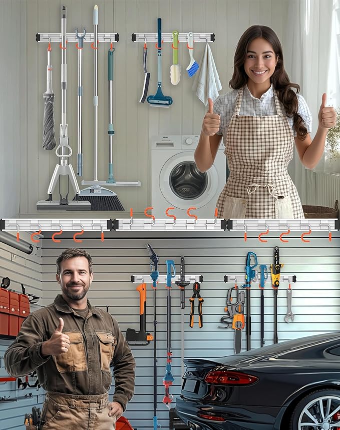Mop and Broom Holder Wall Mount Garden Tool Rack Organizer, Modern Style,Movable Aluminum Alloy Wall Mounted Hook 2 Pack,Storage Gift for Bathroom,Closet,Laundry Room,Garage,Tool Room(Orange)
