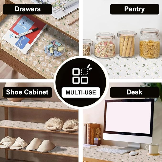 INNOLITES Shelf Liner for Cabinets, Non-Adhesive for Kitchen Drawer Liner, Waterproof Shelf Paper with Floral Pattern, Durable Easy to Clean (Green Daisy, 23.6" x 240")