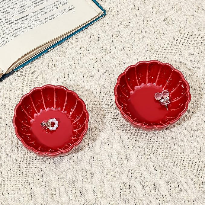 Koythin 2-Piece Small Trinket Dish, Ceramic Jewelry Ring Dish, Flower Key Holder Bowl for Women, Decorative Plate Tray for Dresser, Home Decor Organizer Trinket Tray (Round Petal Flower, Red)