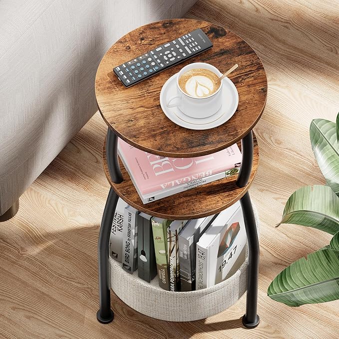 Small Side Table for Small Spaces with Storage Basket, Round End Table 3-Tier NightStand Sofa Corner Table for Living Room, Bedroom, Patio and More 24in Tall Rustic Brown