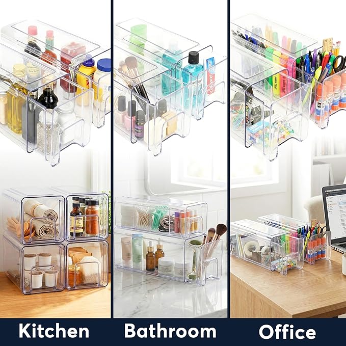 Sorbus Clear Stackable Storage Drawers, 4-Piece Set 1 Large, 1 Medium & 2 Small Pull-Out Plastic Organizer Bins with Handles for Bathroom, Closet, Pantry, Cabinet & Medicine Storage