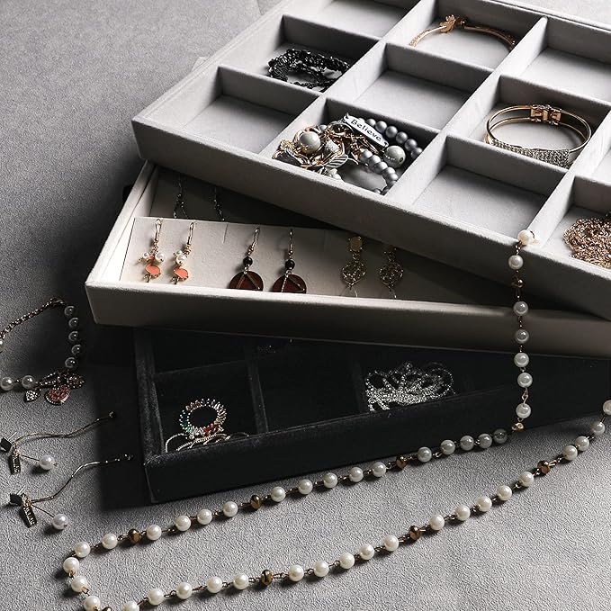 Frebeauty Stackable Velvet Jewelry Organizer Trays for Drawers Inserts Jewelry Storage Tray Display Case Earrings Bracelets Necklace Rings Accessories Trays for Women Girls(Set of 4)(Beige