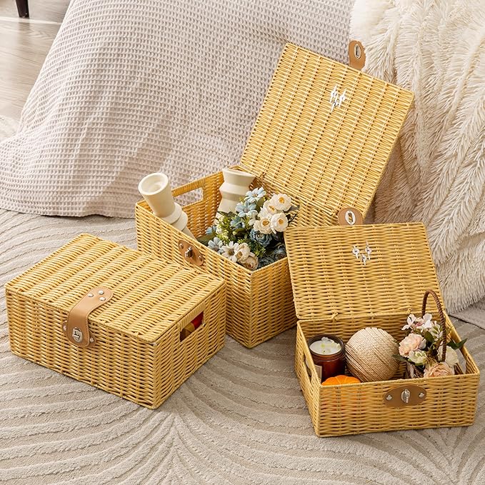 Wicker Storage Baskets with Lids, Set of 3 Decorative Storage Boxes For Organizing, Woven Baskets with Leather Lock and Handles (Beige)