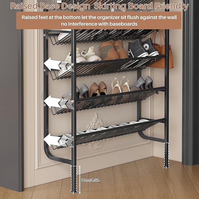 UMDONX 9 Layer Shoe Rack for 27 Pairs Shoes, Freestanding Shoe Organizer with 12 Hooks & 8 Adhesive Pads, Space-Saving Vertical Storage for Entryway and Walk-in Closet Width 27.56 inch(70cm)