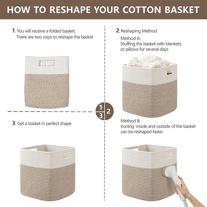 UBBCARE Set of 4 Storage Cubes-13 X 13 X 13 In, Cotton Rope Basket for Shelves, Toys, Book, Cube Storage Bin with Handles, Woven Storage Basket for Organizing, White/Brown