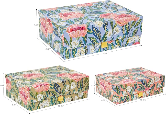 3-Piece Decorative Storage Boxes with Lids, Floral Gold Foil, Peach Pink, Light Green and Pale Blue Peonies, Cardboard Keepsake box Set, Photo Storage Box for Memory, Home Decor, Table Decor