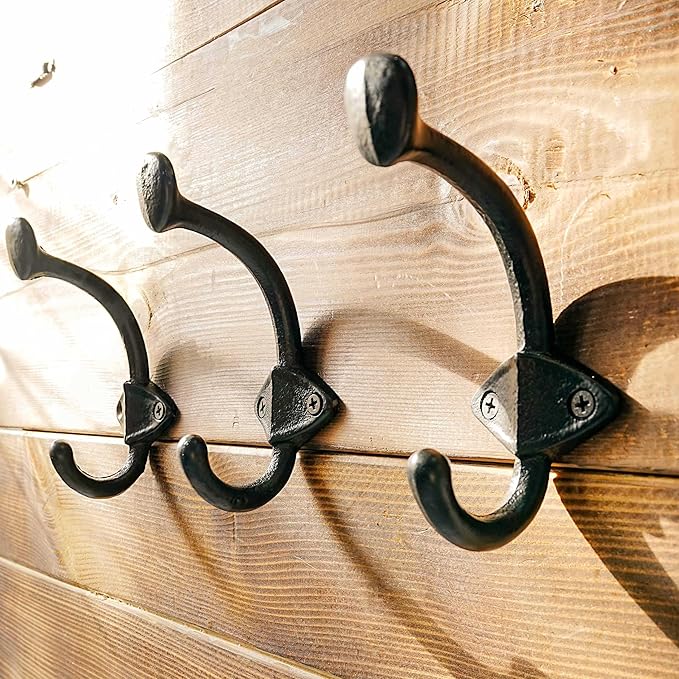 Dseap Cast Iron Wall Hooks, Heavy Duty Coat Hooks, Rustic Vintage Farmhouse Hook for Hanging Winter Coats Jackets Towels Hats Bags Plants, Antique Black, Pack of 5 (ShldCast)