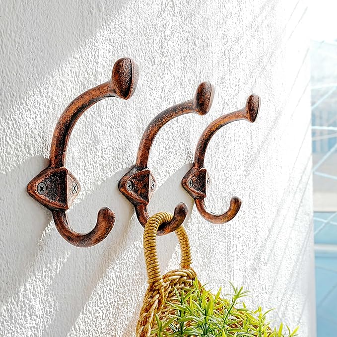 Dseap Cast Iron Wall Hooks, Heavy Duty Coat Hooks, Rustic Vintage Farmhouse Hook for Hanging Winter Coats Jackets Towels Hats Bags Plants, Antique Copper, Pack of 10 (ShldCast)