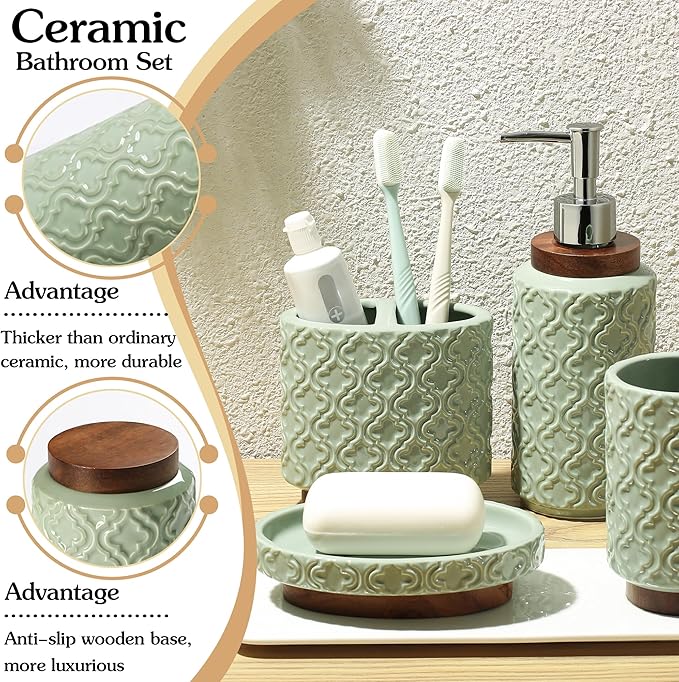 Elegant Bathroom Accessories Set 5 PCS Ceramic and Wood Bathroom Accessory Set Soap Dispenser Toothbrush Holder Tumbler Soap Dish Cotton Swab Jar Easy to Clean Quatrefoil Pattern Green