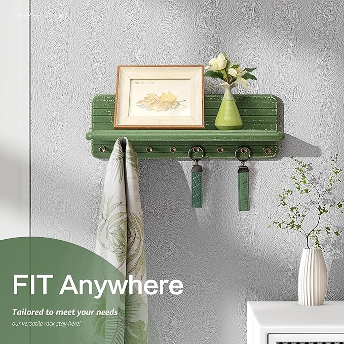 Rebee Vision Pine Wood Key Holder Wall Mount – Modern Farmhouse Key Holder for Wall with Floating Shelf – Rustic Decorative Bag Hooks for Entryway, Bathroom, Kitchen, and Living Room Decor (Green)