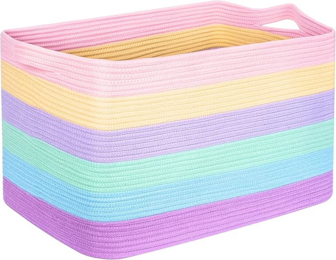 MINTWOOD Design 22in Extra Large Blanket Basket Holder Living Room, Rectangle Rope Woven Storage Basket with Handles for Laundry, Pool Towels, and Shoes, Dog Toy Organizer Bin Box, Pastel Rainbow