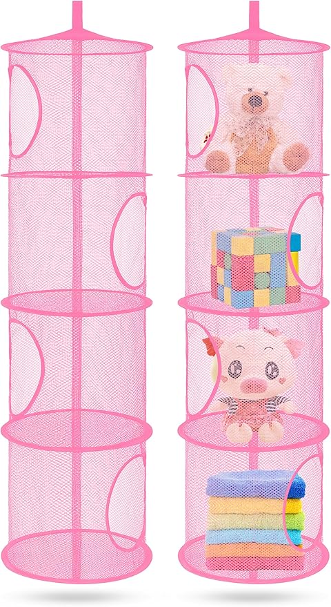 coastal rose 2Pcs Stuffed Animal Storage Foldable Stuffed Animal Net or Hammock Organizer, 4 Compartments Hanging Mesh Toy Storage Hammock for Kid Room Toys, Gloves, Hats, Socks(Pink)