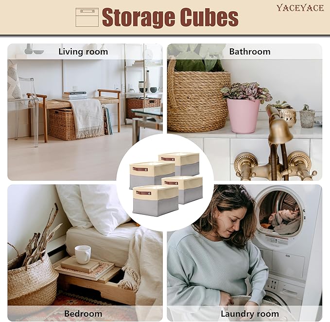 Storage Bins for Shelves, 4 Pack 15"x11"x9.5" Storage Basket with Handles for Cloth, Toy, Home, Office Decorative,Organizing, Foldable Basket
