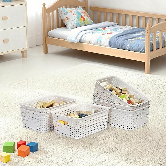 Soddeph 6 Pack Plastic Storage Baskets with Handles,Stackable Organizer Bins for Closet, Bathroom, Kitchen, Office, Shelf and Cabinet Organization (White, Grid-6PACK)