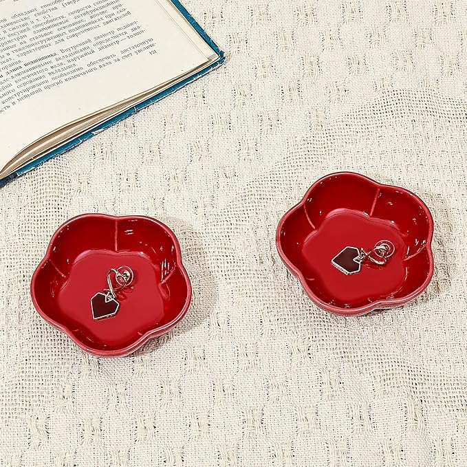 Koythin 2-Piece Small Trinket Dish, Ceramic Jewelry Ring Dish, Flower Key Holder Bowl for Women, Decorative Plate Tray for Dresser, Home Decor Organizer Trinket Tray (Five Petal Flower, Red)