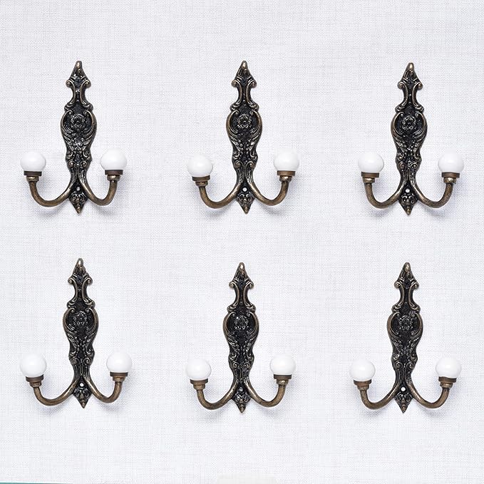 Indian Shelf Pack of 12 Heavy Duty Double Hooks for Hanging White Decorative Coat Hooks Double Prong Unique Coat Rack Wall Mount Ceramic Vintage Wall Hooks Towel Holder Backpack Purse Hanger- Style 6