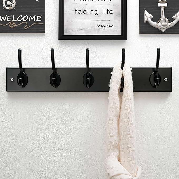 Dseap Wall Mounted Coat Rack: 16" Hole to Hole, Coat Hook Hanger with 5 Metal Hooks for Hanging Coats Towels Hats Clothes, Black, 2 Packs