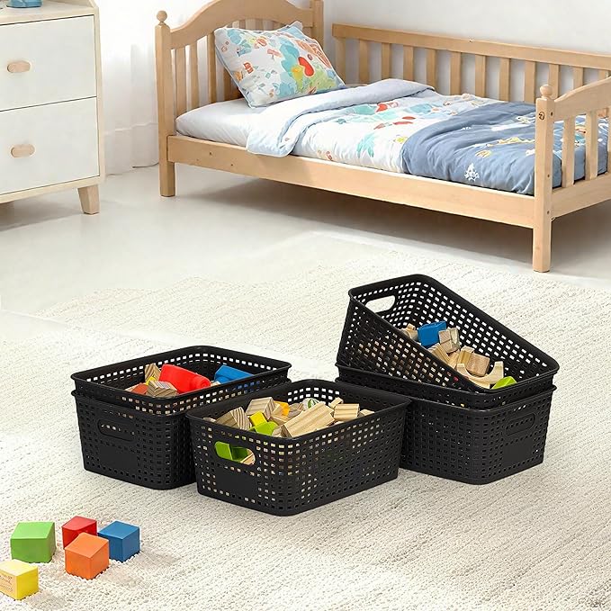 Soddeph 3 Pack Plastic Storage Baskets with Handles,Stackable Organizer Bins for Closet, Bathroom, Kitchen, Office, Shelf and Cabinet Organization (Black, Grid-3PACK)