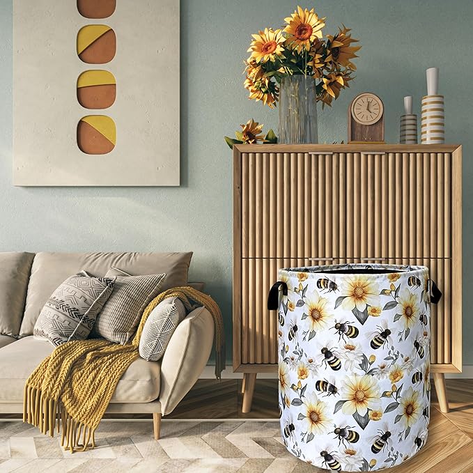 Cute Bees Laundry Basket Foldable With Handles Tote Bag Oxford Cloth Yellow Flowers Colorful Laundry Hamper Clothes Storage Bucket Toy Organizer 18.9" x 16.5" For Bathroom/Laundry/Bedroom
