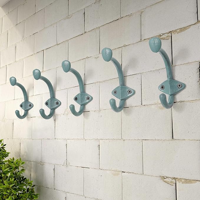 Dseap Cast Iron Wall Hooks L=5”, Heavy Duty Coat Hooks, Rustic Vintage Farmhouse Hook for Hanging Winter Coats Jackets Towels Hats Bags Plants, Mint Green, Pack of 5 (ShieldBold)