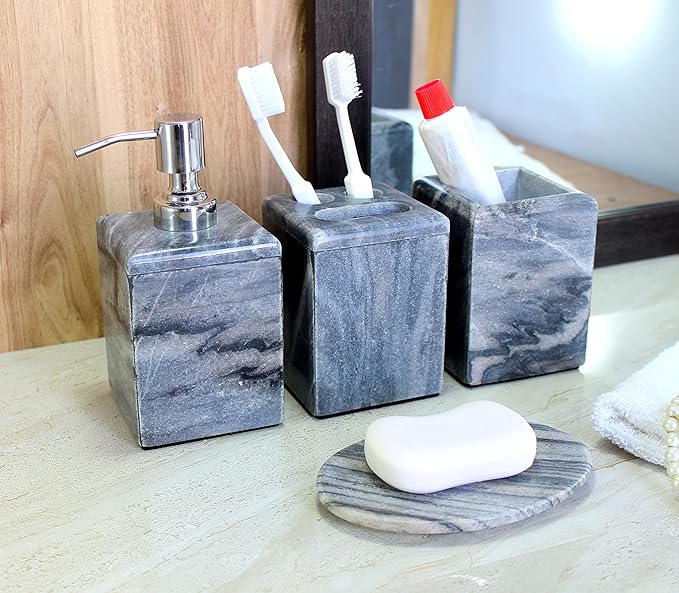 Bathroom Accessory Set Made from Natural Stone - Bath Accessories Set of 4 Includes Soap Dispenser, Toothbrush Holder, Tumbler and Soap Dish (Black)