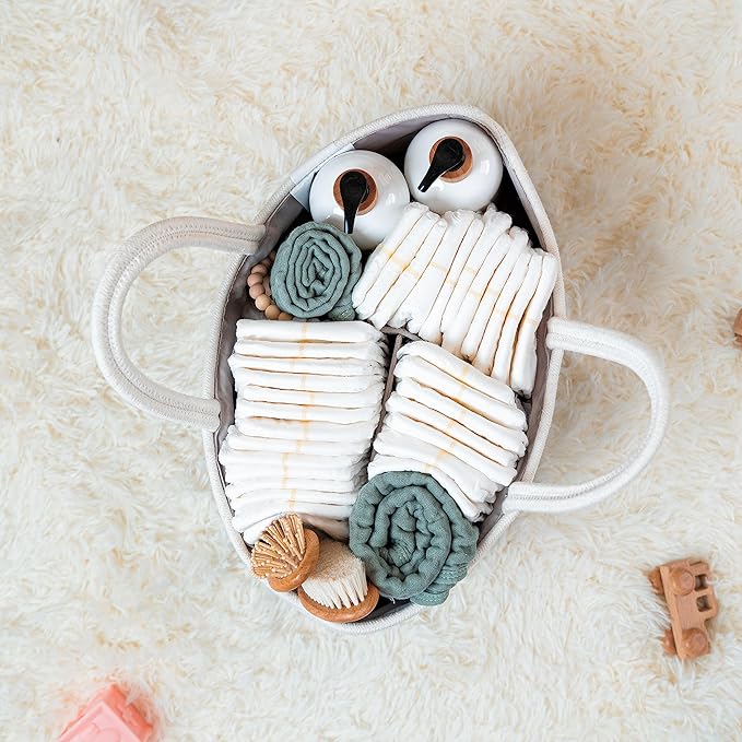Comfy Cubs Rope Diaper Caddy Organizer 8.5" x 15" x 8" - Large Baby Diaper Basket with 3 Spacious Compartments - Stylish Cotton Baby Caddy Organizer for Diapers, Wipes & Essentials - Sage