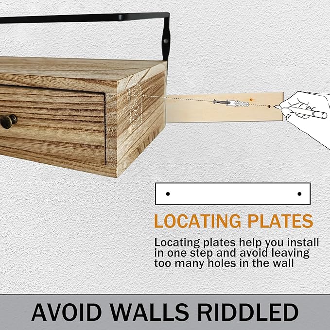 2-Pack Rustic Floating Shelves with Drawer, Wall Mounted Bathroom Shelf, 15.8 Inch Long, Brown Wood & Metal, 30 lbs Capacity