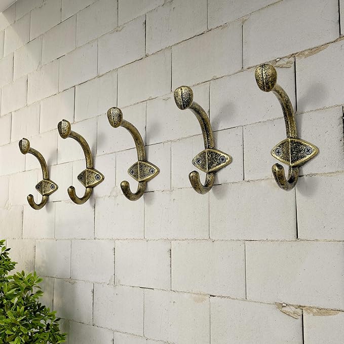 Dseap Cast Iron Wall Hooks L=5”, Heavy Duty Coat Hooks, Rustic Vintage Farmhouse Hook for Hanging Winter Coats Jackets Towels Hats Bags Plants, Antique Black& Gold, Pack of 5 (ShieldBold)