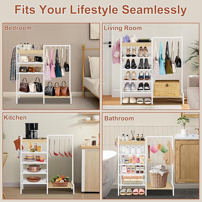 2-in-1 Shoe Rack for Closet with Purse Organizer, 5 Tier Shoes Shelf with Wooden Tray and Removable Shelves, Storage Organizer for Entryway, Garage, Hold Boots, Backpacks, White