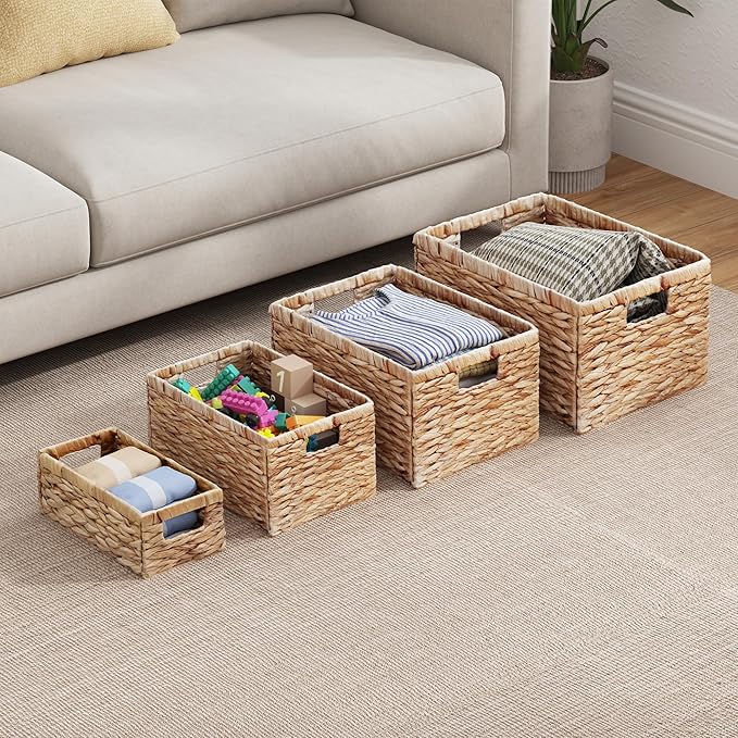 Vagusicc Wicker Basket, Baskets for Organizing, Storage Basket with Handles, Water Hyacinth Storage Baskets for Shelves, Bathroom, Pantry Organizers, Large Wicker Baskets (15x10x8.5 inch, 2 Pack)