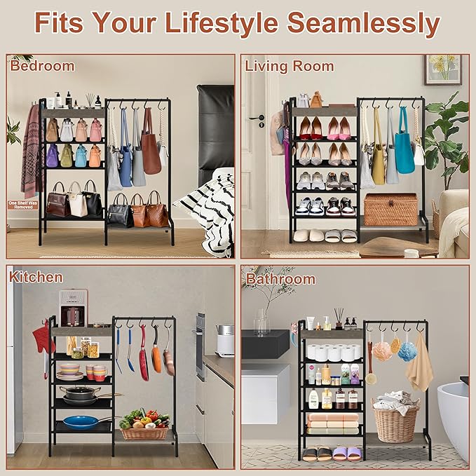 2-in-1 Narrow Shoe Rack with Bag Organizer, Garage Shoe Rack with Wooden Tray & 7 Hooks, Industrial Metal Shoe Shelf for Boot Storage, Front Door Entrance, Entryway, Closet, Black